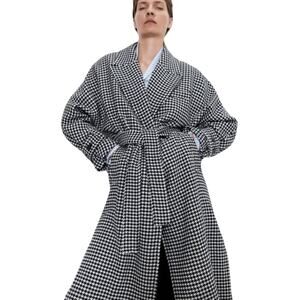 ZARA Coat XS Wrap Houndstooth Belt Slit Sides Long Sleeve Button Lined Wool